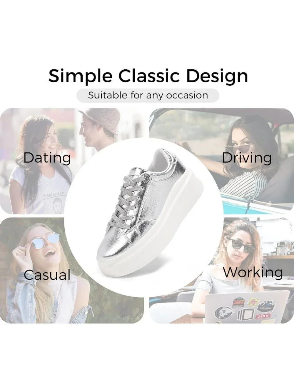🆕Women's Silver Platform Fashion Sneakers Classic Low Top Thick Sole Casual